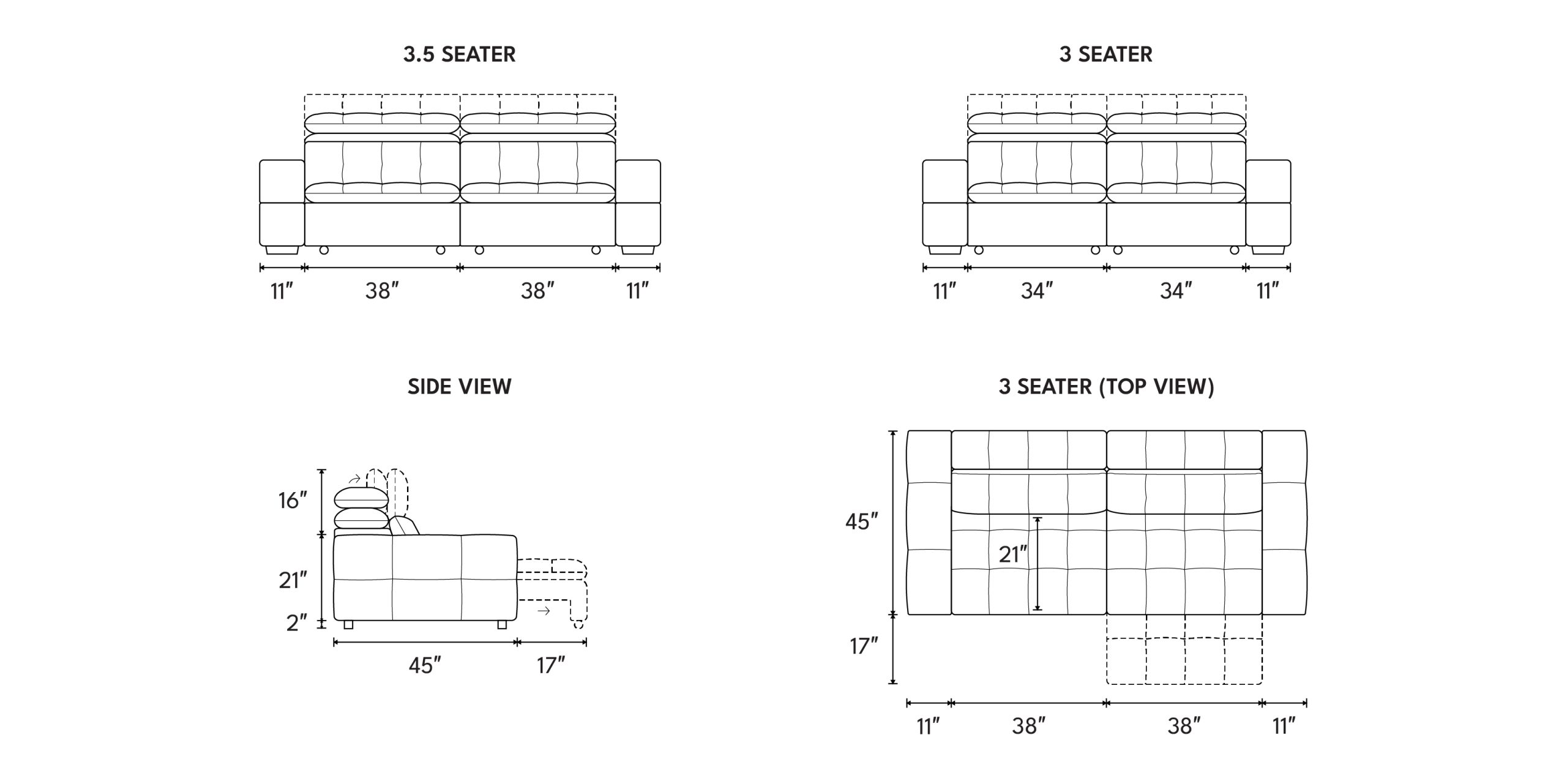 Different sofa combinations and dimensions