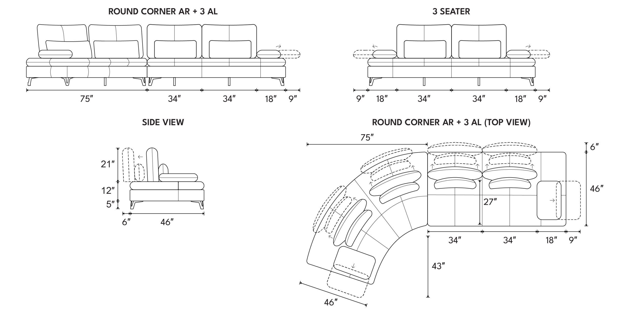 Different sofa combinations and dimensions
