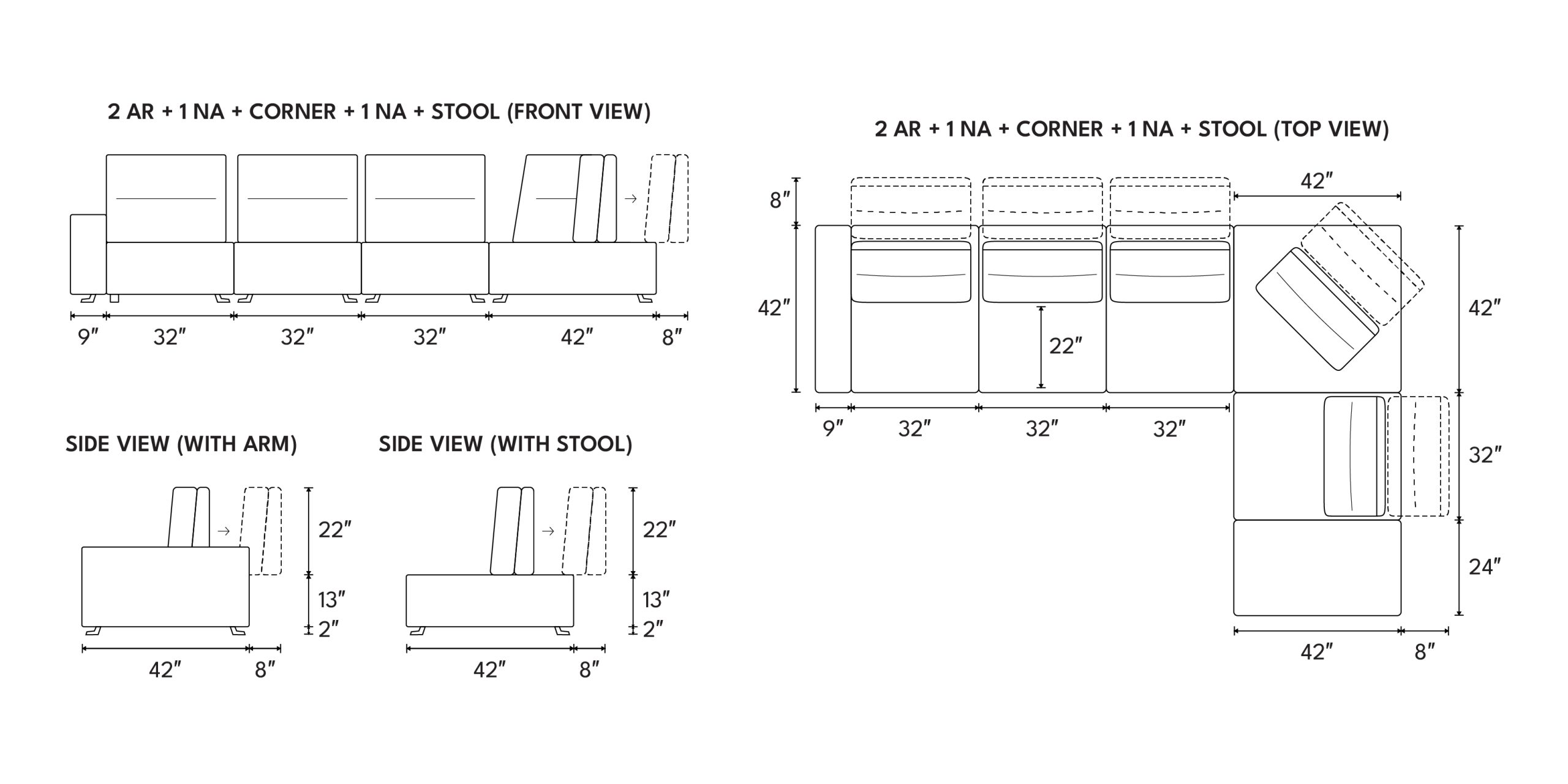 Different sofa combinations and dimensions